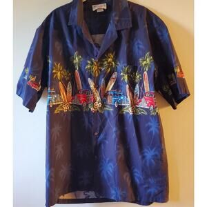Pacific Legend Men Hawaiian Shirt L Classic Woody Cars Surf Boards *tiny rip